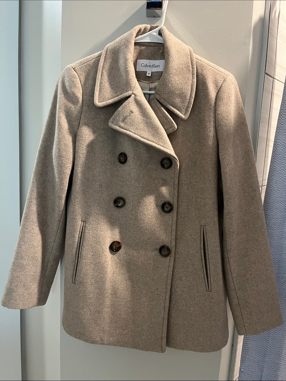 Calvin Klein Taupe Double-Breasted Pea Coat with Notch Collar